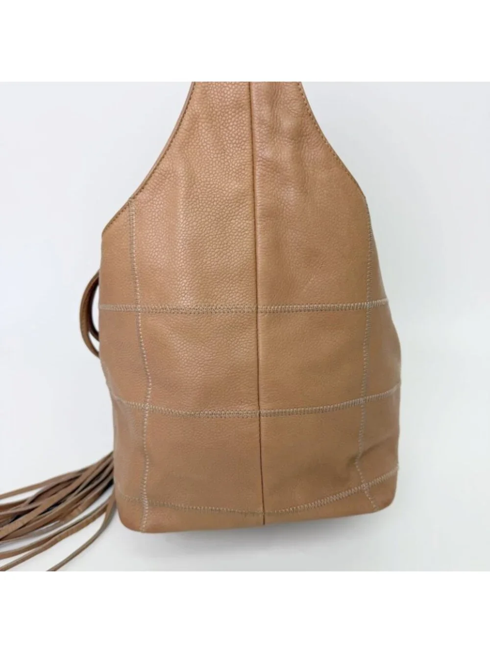 Chanel CC Logo Fringe Drawstring Handbag Leather Beige Vintage